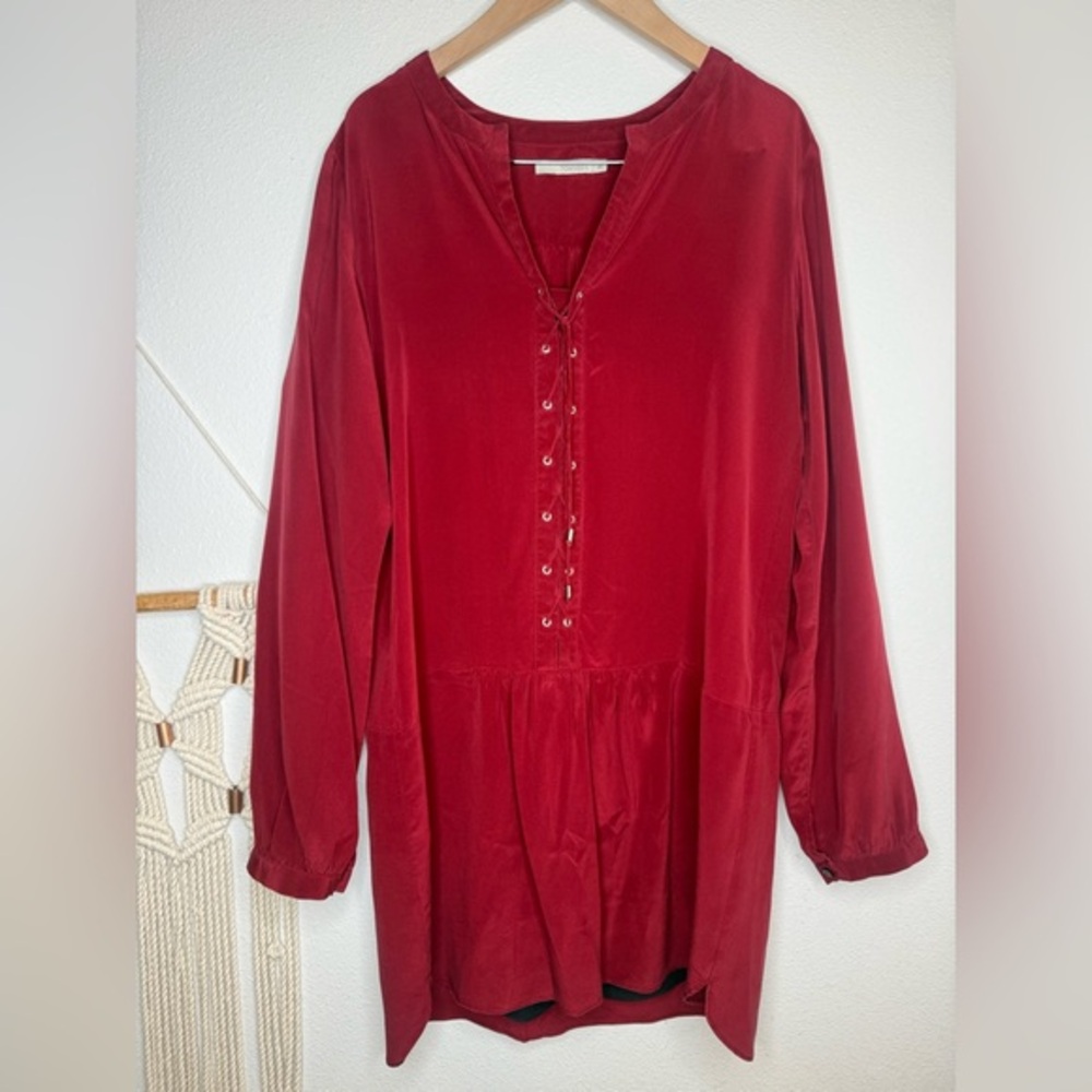 TOWNSEN Blouse Red Cranberry Silk Lace up front Long Sleeve Tunic Dress Top